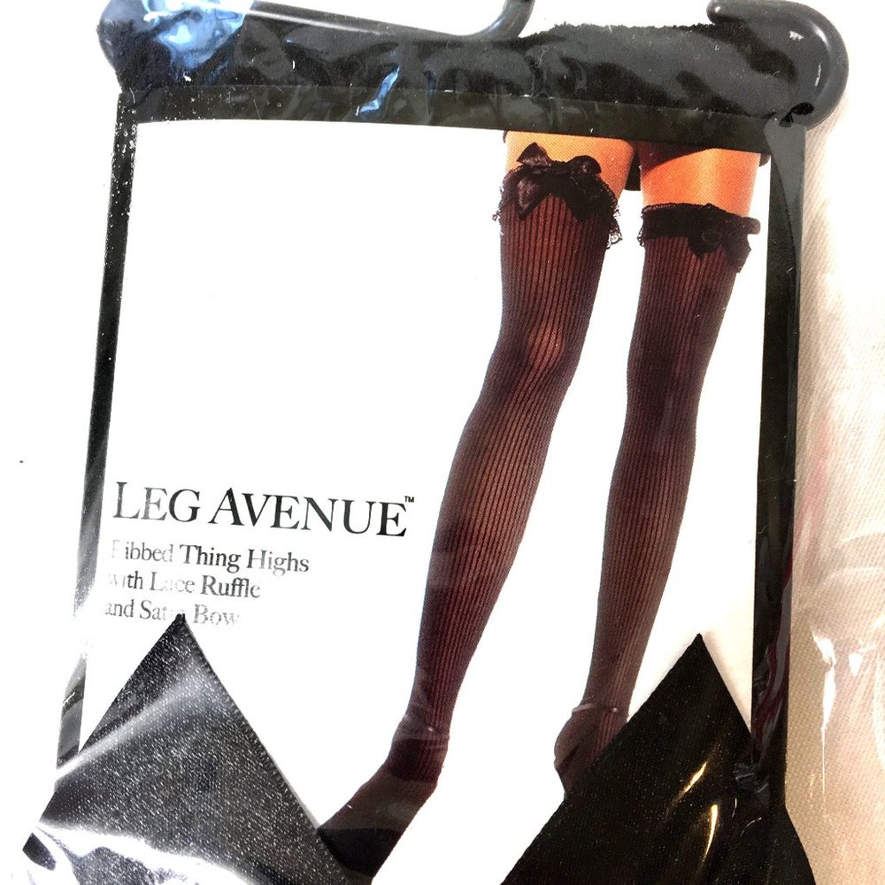*LEG AVENUE #6269 Thigh Highs Blk Ribbed w/ Blk Bow NWT NOS